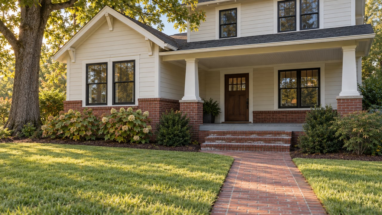 Brick and ivory-sided home with a covered porch, broad lawn, mature white oak and oakleaf hydrangeas in afternoon light.