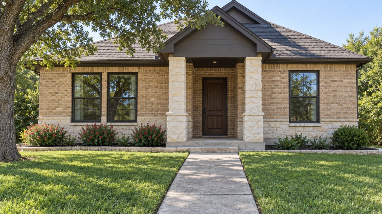 Buff brick house with a recessed dark-wood door, concrete approach walk, broad lawn, and mature oak.