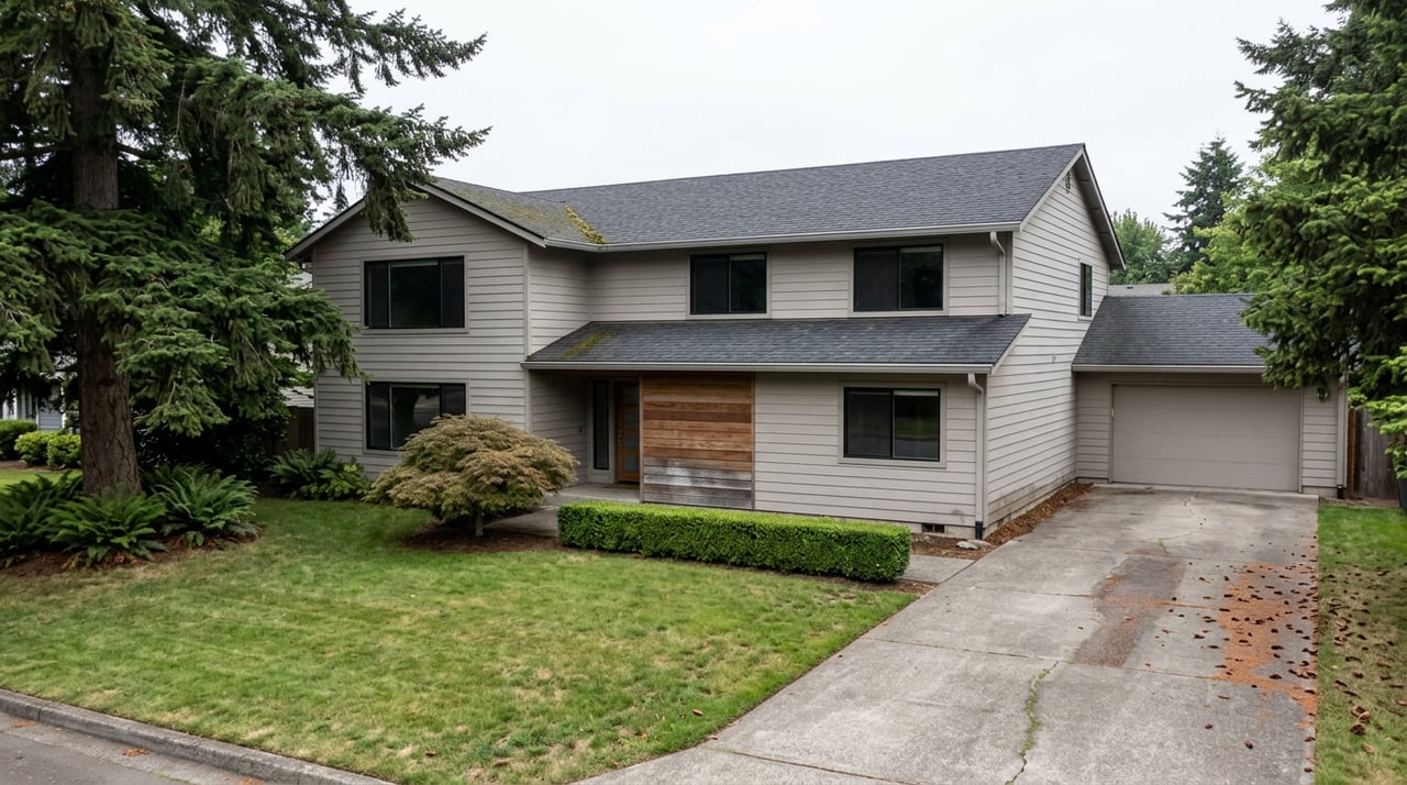 Two-story gray-sided home with weathered cedar entry panel, front lawn, driveway, Douglas fir, and Japanese maple.