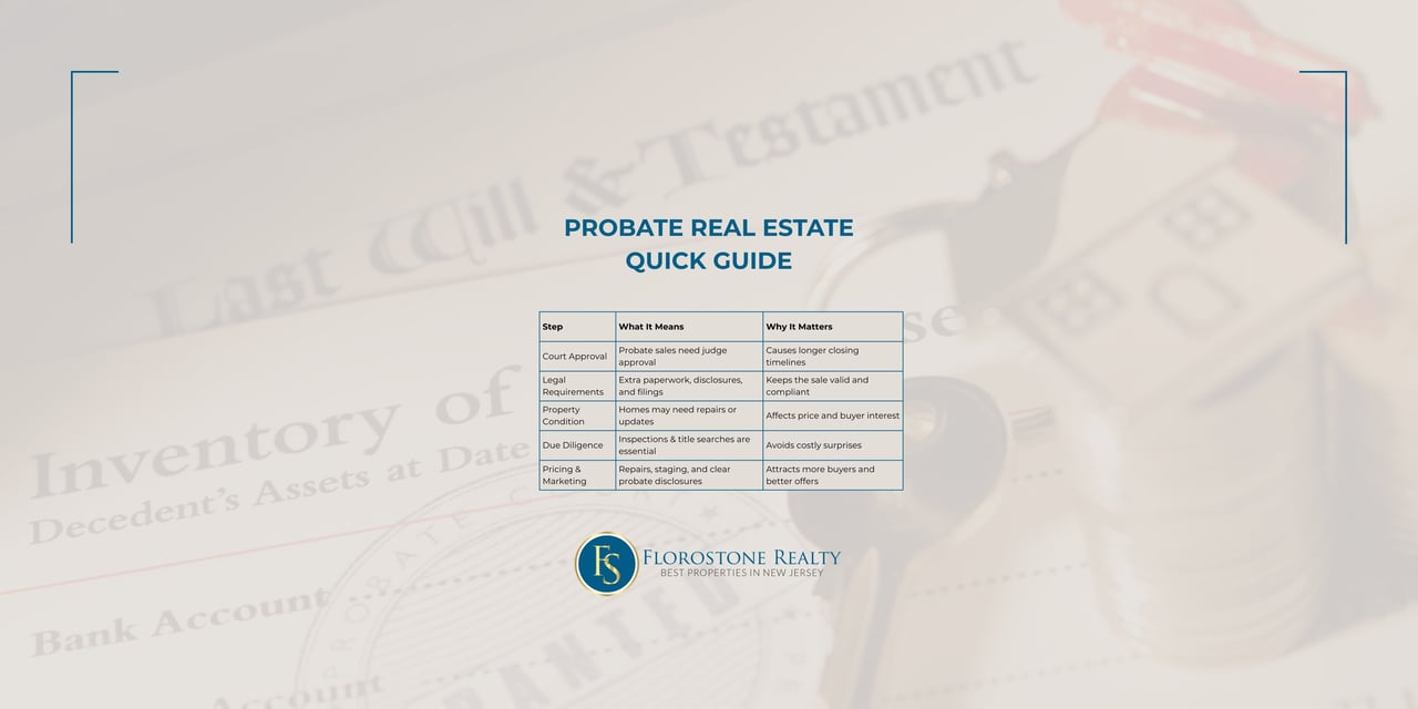 Table showing probate real estate quick guide with steps like court approval, legal requirements, property condition, due diligence, and marketing, branded with Florostone Realty logo.