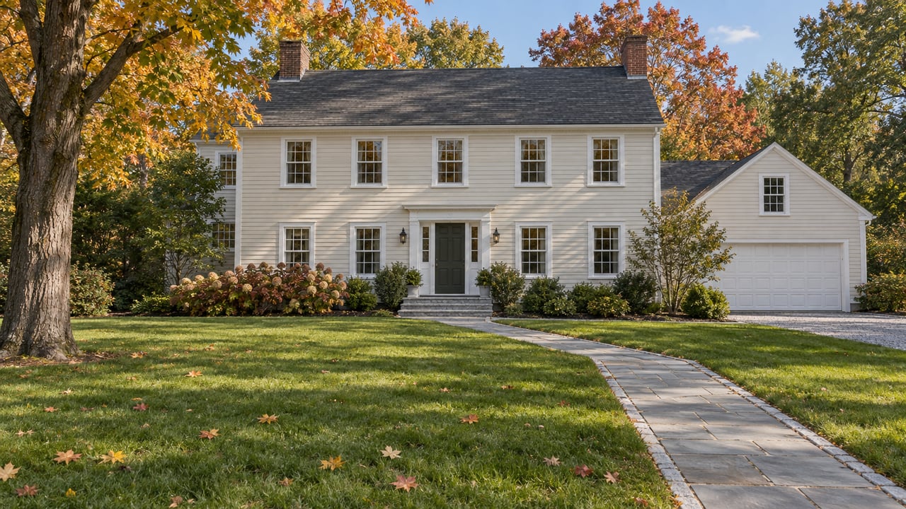 Ivory clapboard home beyond a deep autumn lawn, with a bluestone approach and mature amber and russet trees.