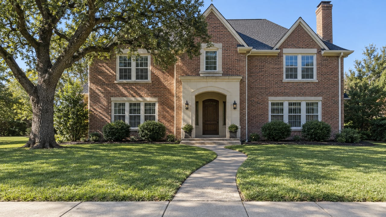 Two-story brick home with limestone entry, a broad front lawn, mature bur oak and a curved concrete walkway in clear daylight.