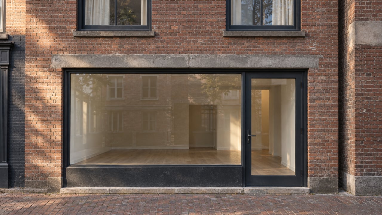 Brick mixed-use facade with two floors of dark sash windows above a glazed storefront.