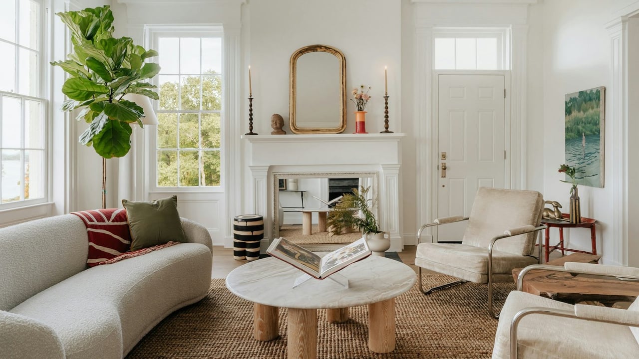 Bright white living room with a fireplace, curved sofa, round stone coffee table and a fiddle-leaf fig by tall windows