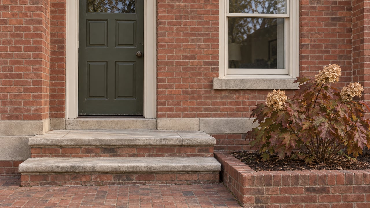 Close view of a dark olive door, red-brick facade, worn limestone steps and oakleaf hydrangea with russet autumn leaves.