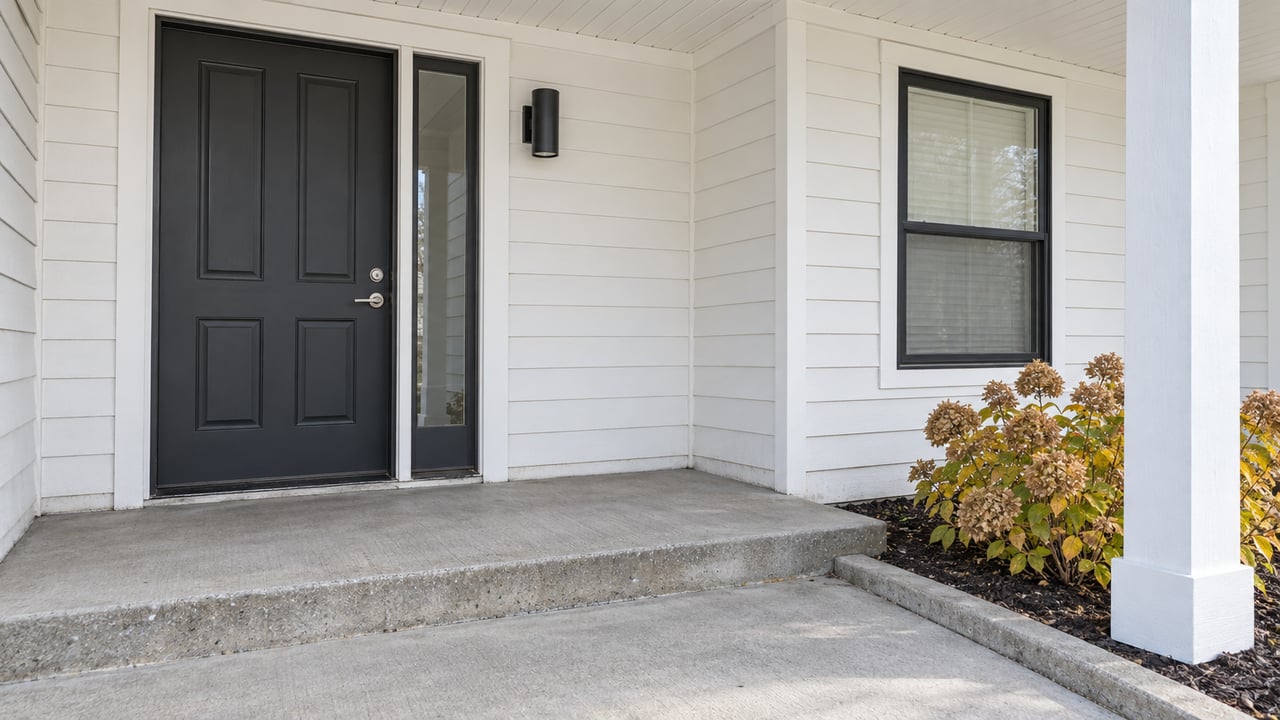 White lap-sided home entrance with a charcoal door, black-framed window and an autumn hydrangea beside a concrete porch.