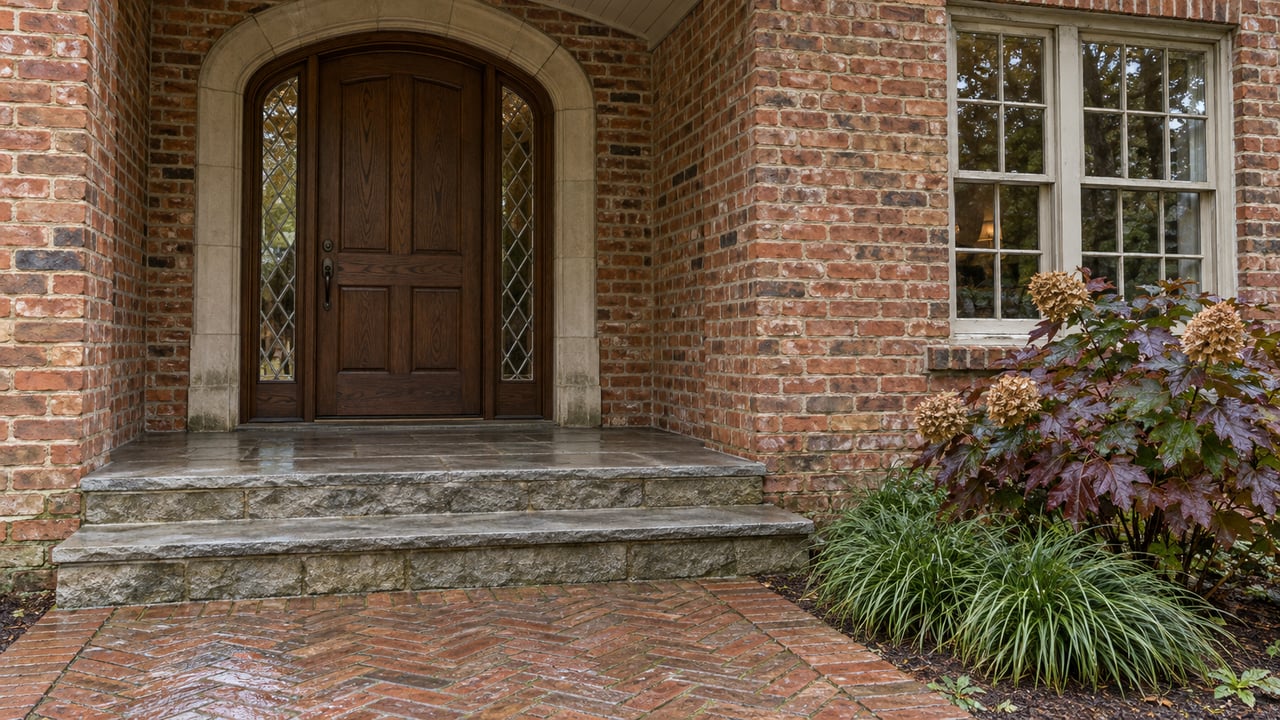 Weathered brick entry with an arched oak door, flagstone steps, and burgundy oakleaf hydrangea beside a brick path.
