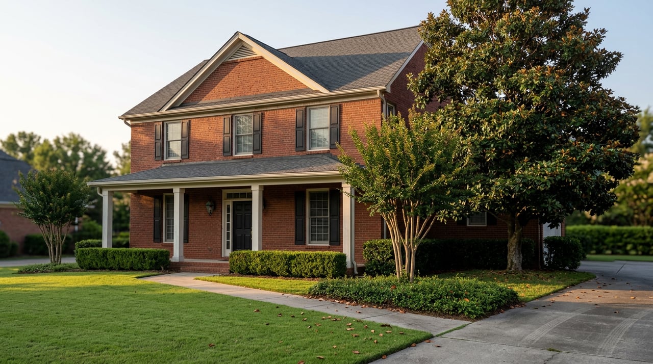 Two-story red-brick house with white porch columns, black shutters, and a magnolia tree beside a broad front lawn.