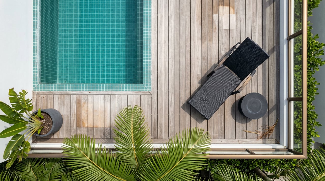 Overhead view of a compact terrace with a teal-tiled plunge pool, wood decking, black chaise, and palm fronds.