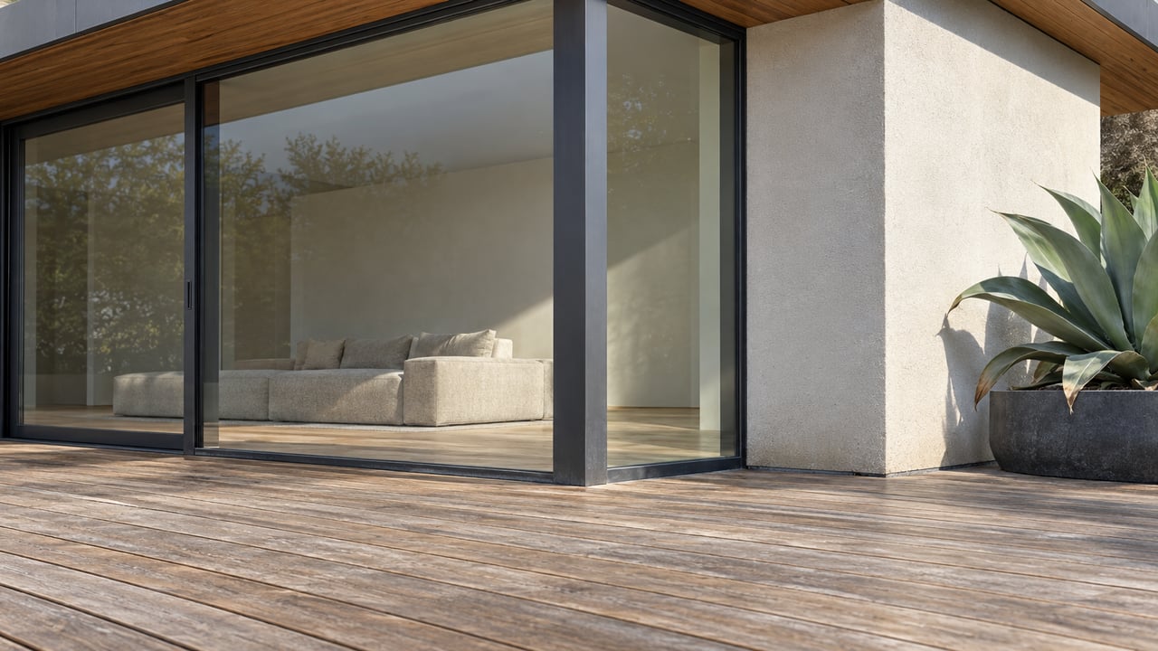 Low close view of a cedar terrace, closed steel-framed glazing and pale stucco, with a sculptural agave in a charcoal planter.