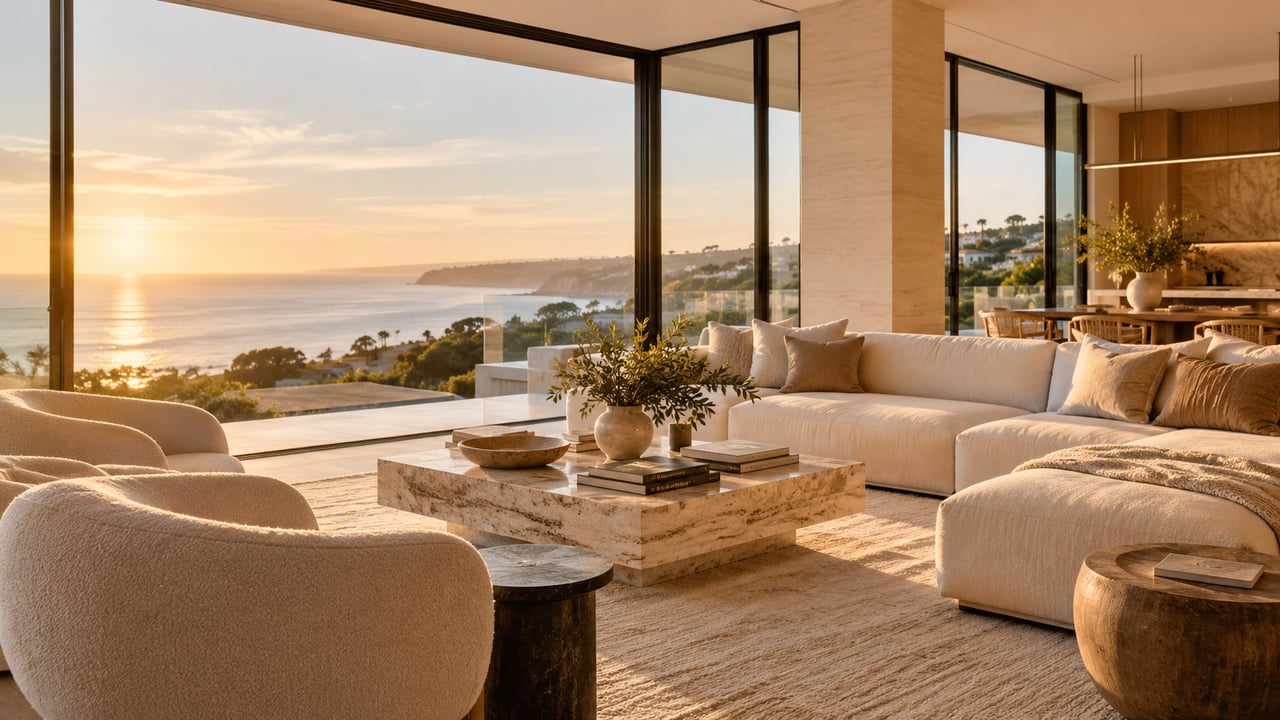 AI-generated visualization of a luxury coastal living room inspired by San Diego County, featuring natural light, ocean views, and warm neutral interiors, illustrating the emotional architecture of home for Agency West.