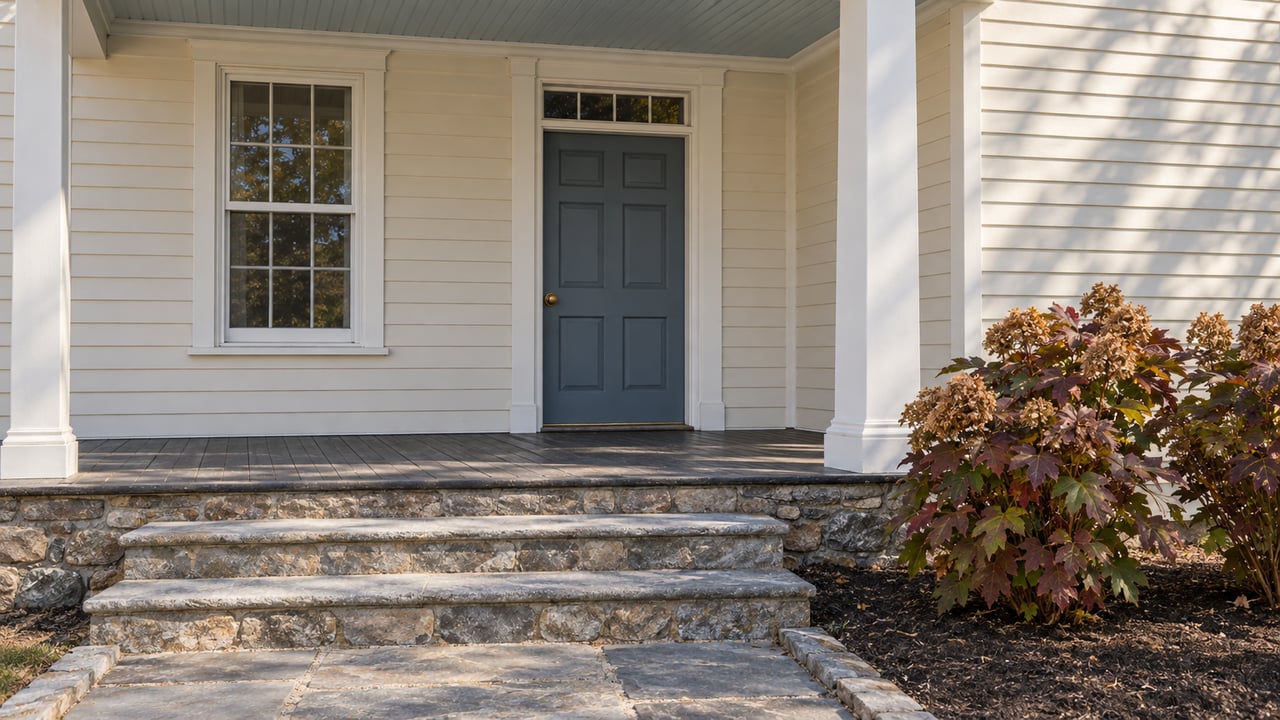 Ivory clapboard home with a slate-blue paneled door, multi-pane window, covered porch, worn bluestone steps and burgundy oakleaf hydrangeas.
