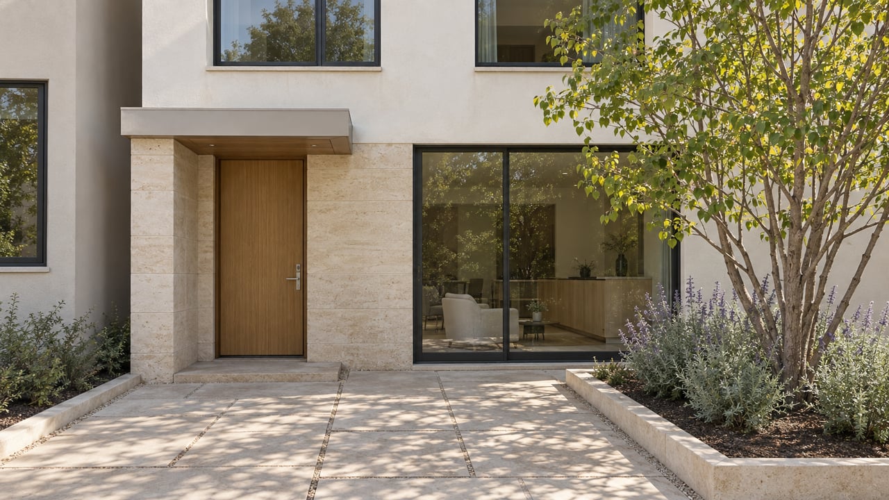Sunlit contemporary attached home with pale plaster, limestone entry, oak door and a small planted court.