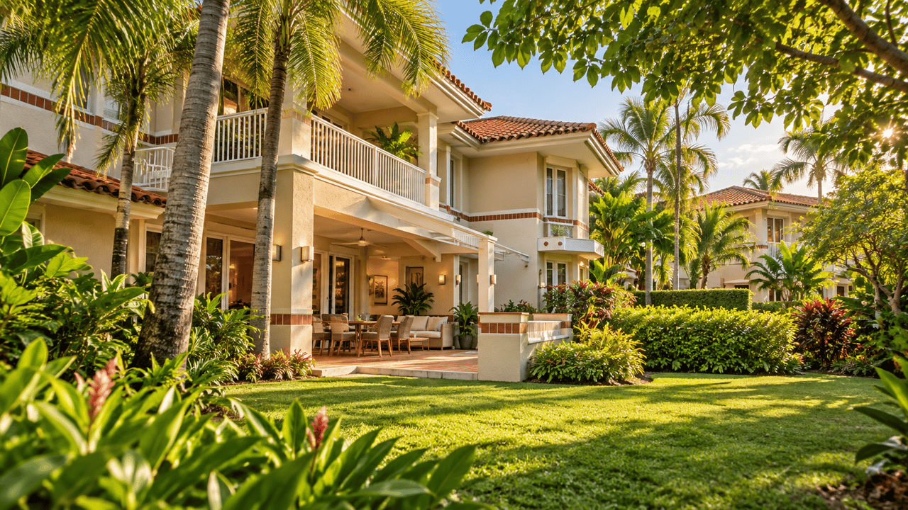 Two-story tropical homes with covered patios and red tile roofs behind a manicured lawn and palms.