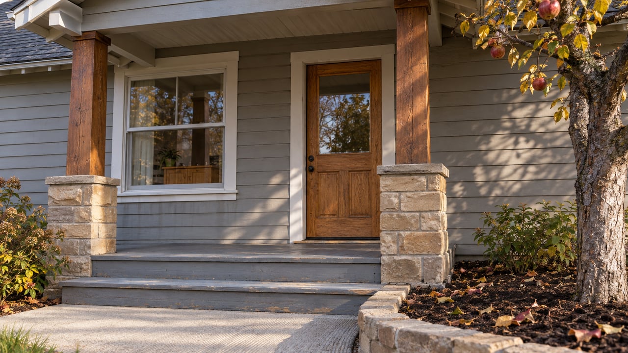 Late-fall sunlight on a wood-sided home's covered porch, with sandstone post bases, a glazed oak door and a yellowing apple tree.