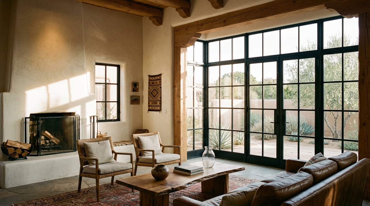 Great room with exposed pine beams, a plaster kiva fireplace, and steel windows overlooking a desert willow.