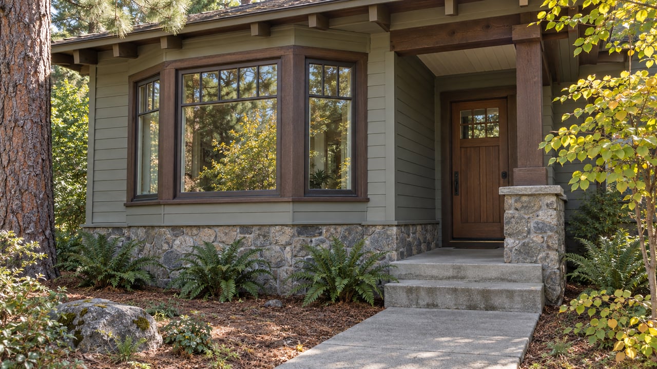 Gray-green wood-sided home with a projecting bay window, timber porch, stone foundation and a sunlit garden path.