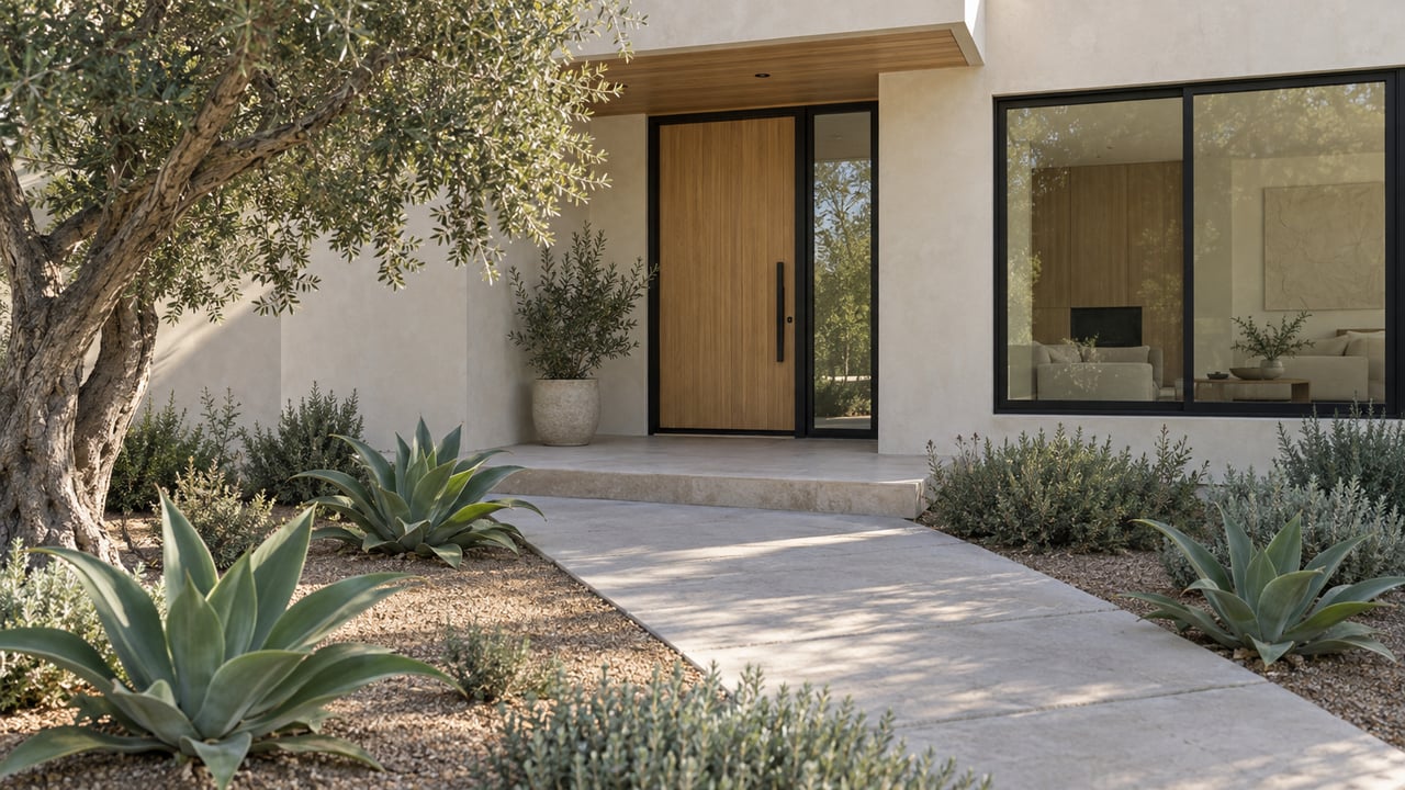 Recessed oak-and-glass entrance beneath a wood-soffit canopy, approached by a concrete walk through sparse planting.