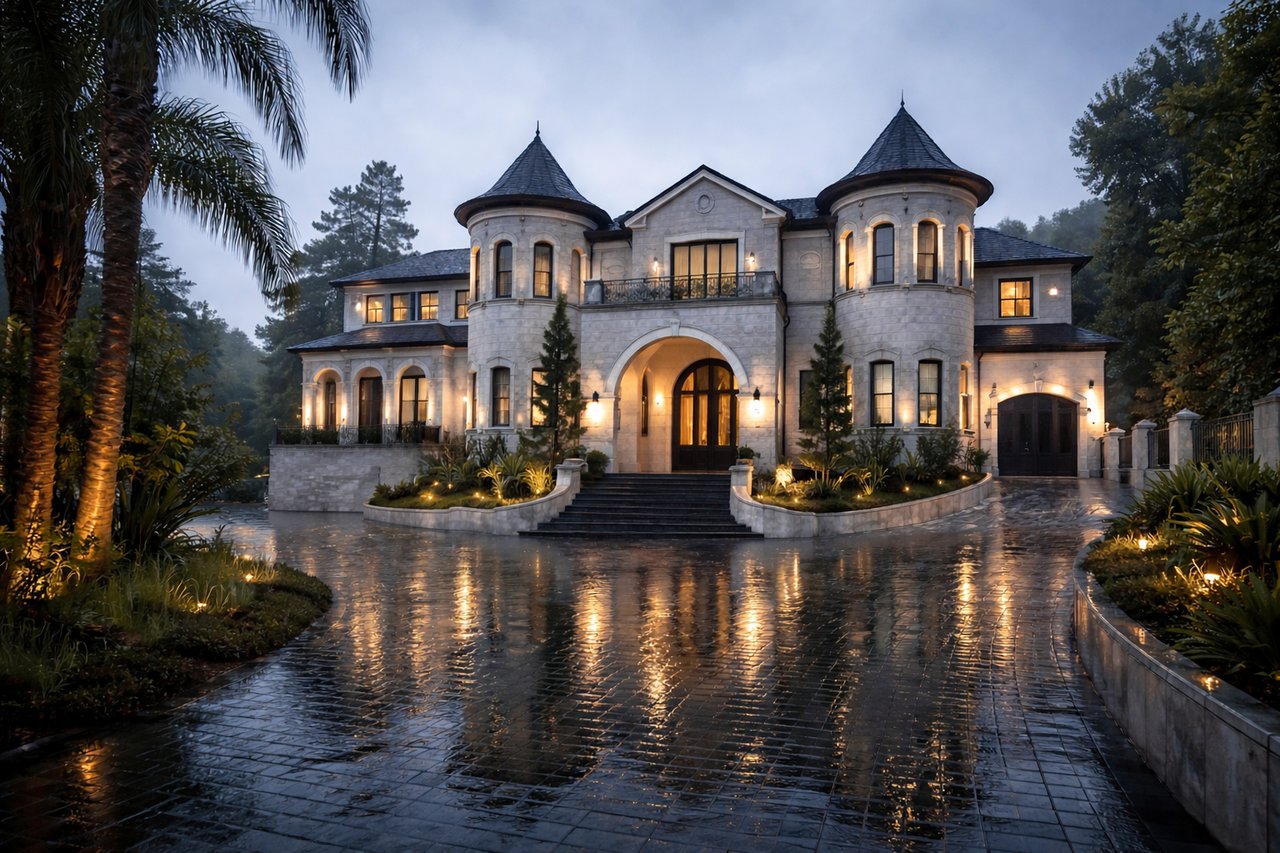 Modern luxury home in Studio City on a rainy day, viewed from the entry driveway.