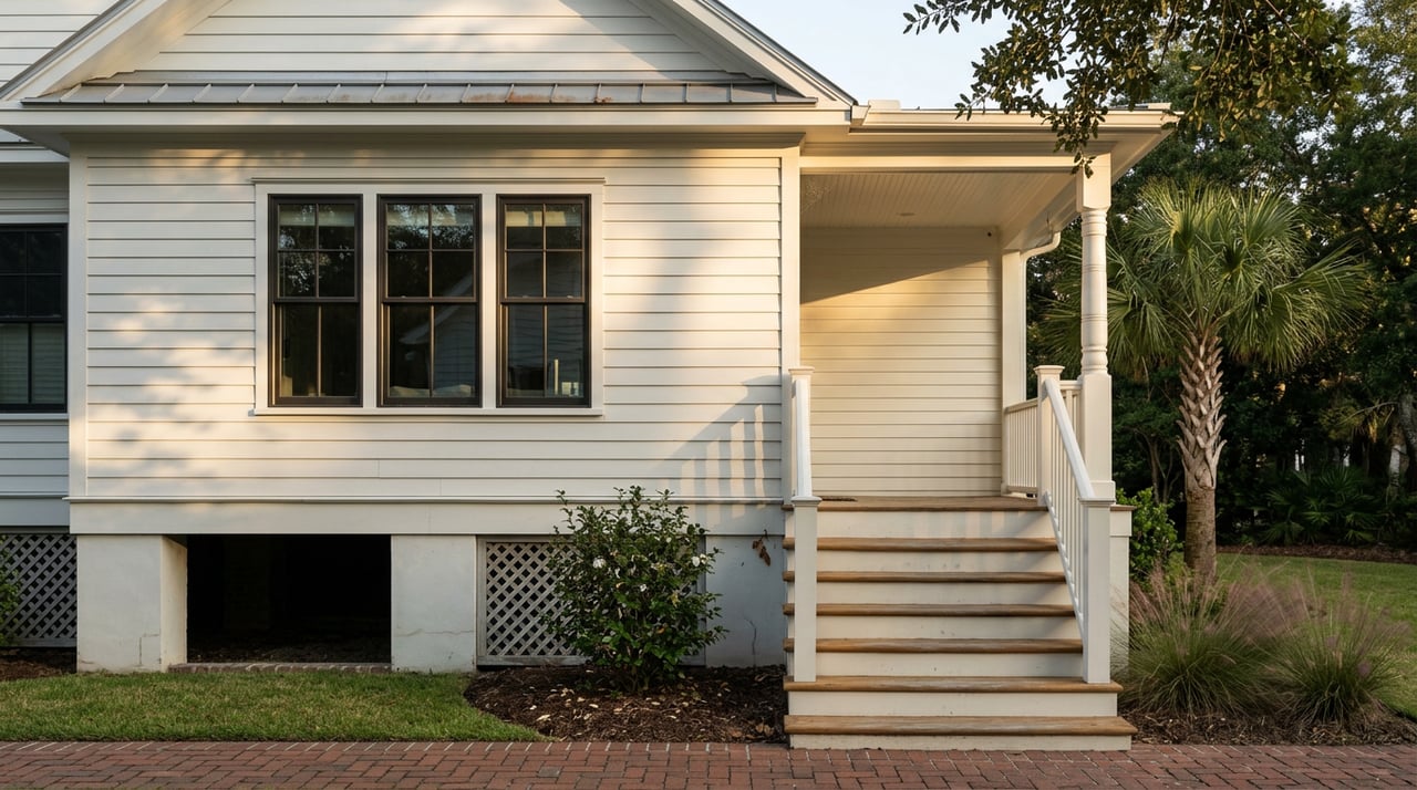 Raised white cottage porch with wooden stairs, masonry piers, lattice, and coastal plantings in warm sunlight.