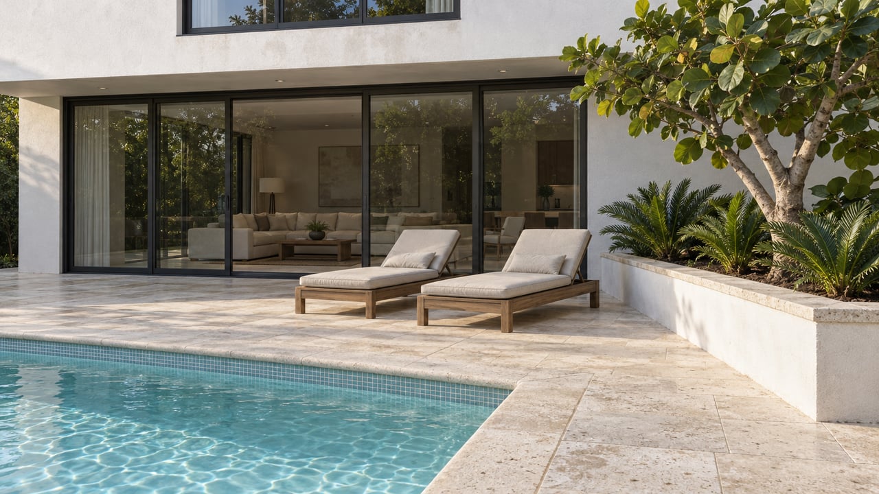 Contemporary white stucco home with closed bronze-framed glass doors, limestone pool terrace, two teak loungers and sculptural sea grape planting.