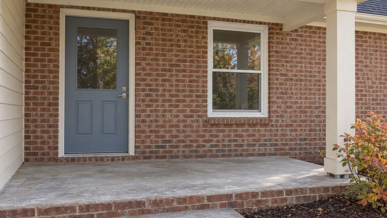 Modest brick home entry with a blue-gray door, white-framed window, worn concrete porch and an autumn-colored dwarf fothergilla.
