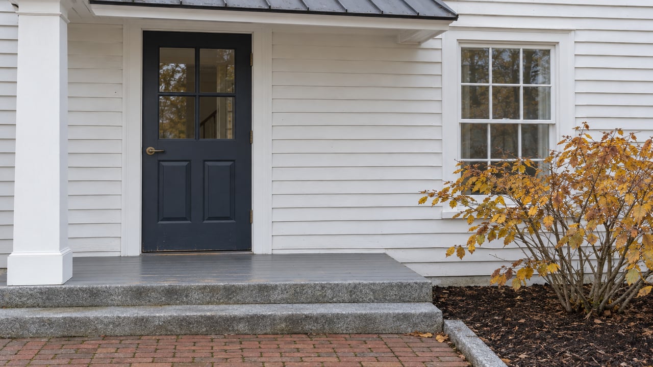 White clapboard house entrance with a dark front door, gray steps, and autumn foliage.