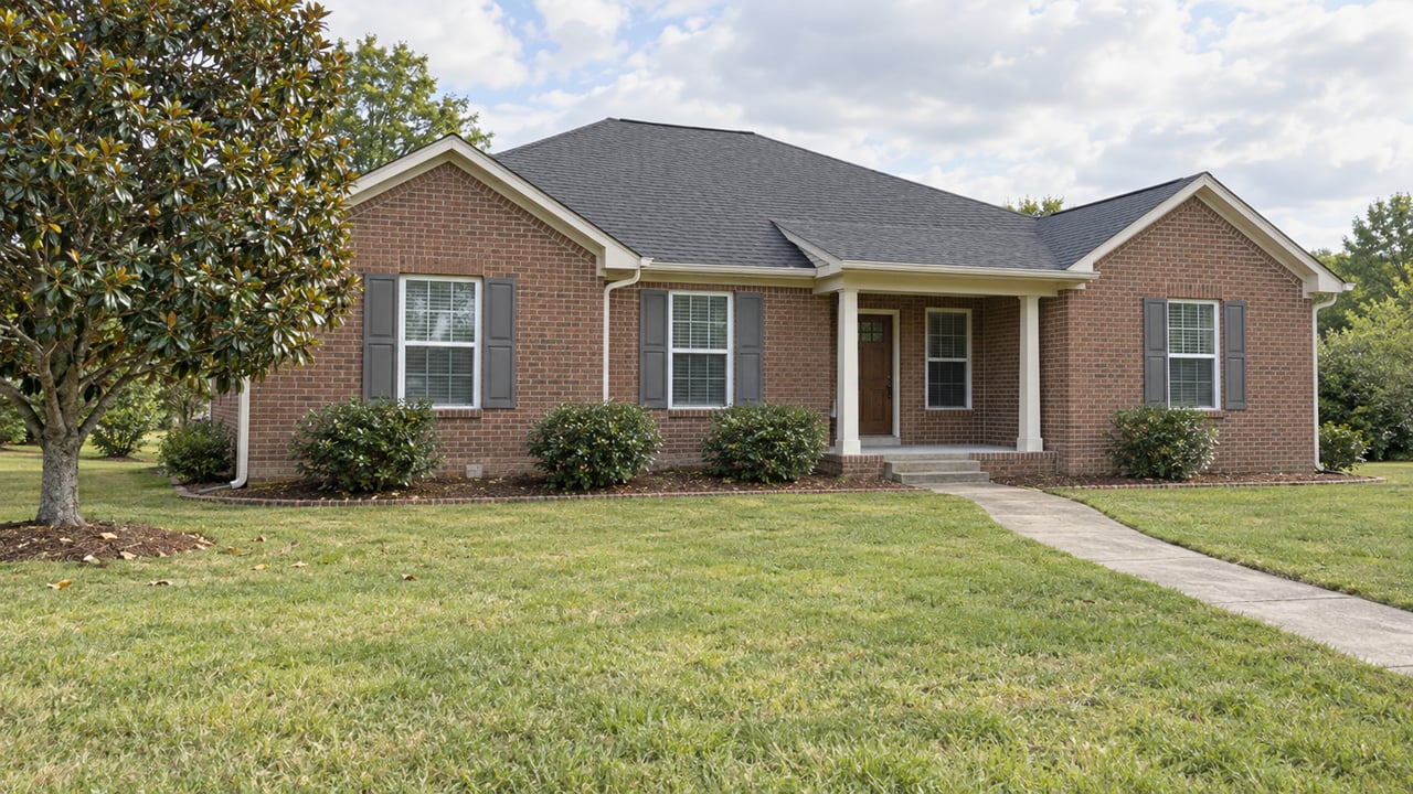 A single-story red-brown brick home with a sheltered front porch, broad lawn and mature magnolia in soft daylight.
