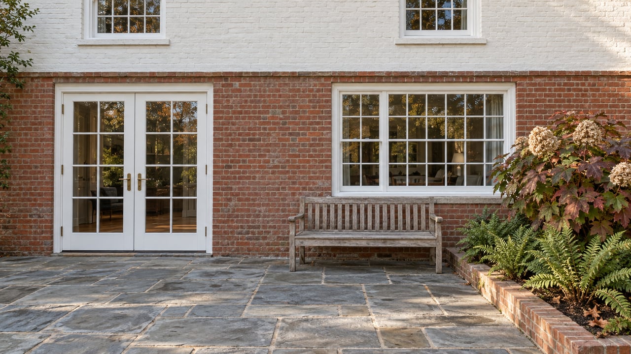 An established brick home's rear terrace with white multi-pane doors, weathered stone paving, a teak bench and autumn oakleaf hydrangea.