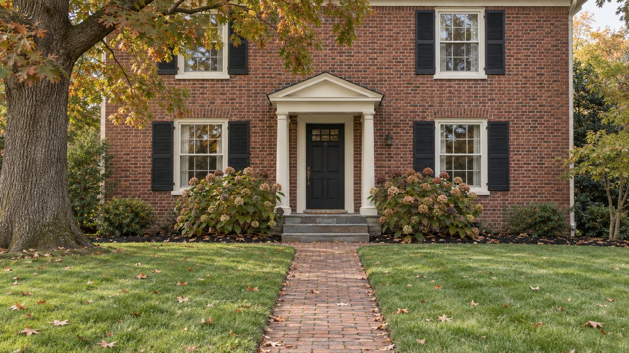 Brick house with a cream-trimmed portico, front lawn, mature oak, and bronze hydrangeas.