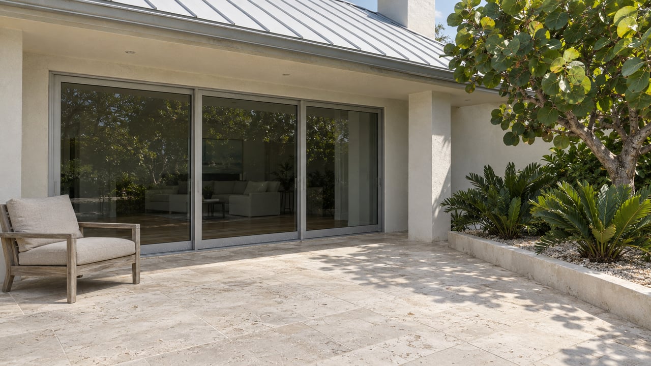 Light stucco coastal home with a shaded limestone terrace, closed sliding glass doors, a weathered teak chair and a sea grape tree beside a raised planting bed.