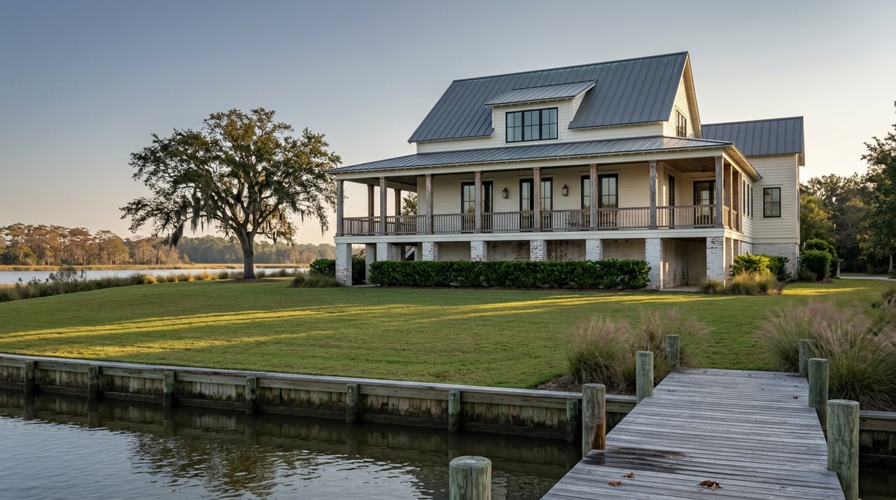 Raised ivory coastal home behind a sloped lawn, with a wooden dock, calm river, and moss-draped live oak.