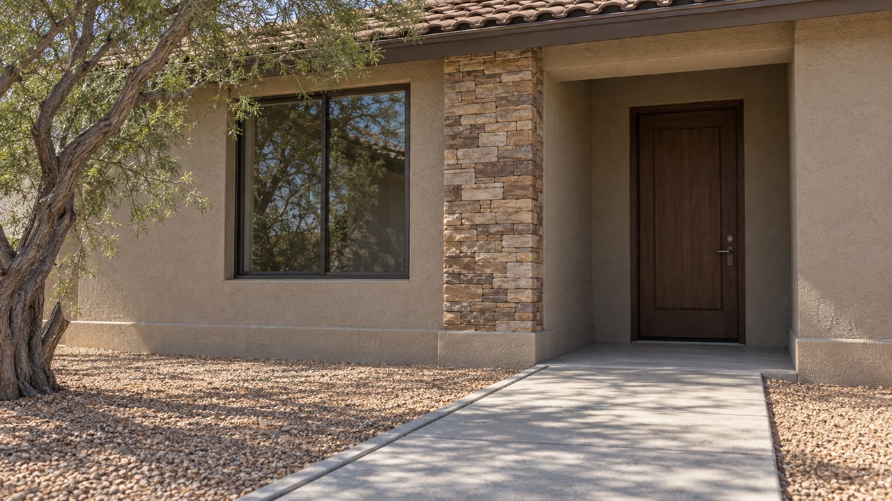 Recessed walnut-brown door beside a bronze-framed window and stone pier, with a concrete walk and granite edging.