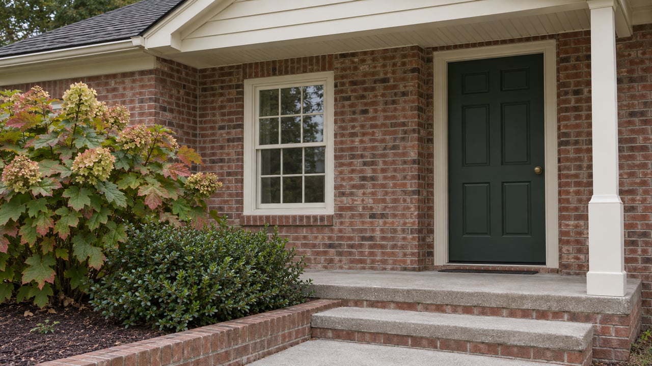 Brick house entry with a deep-green door, six-over-six window, brick-edged steps, and autumn-colored hydrangea.