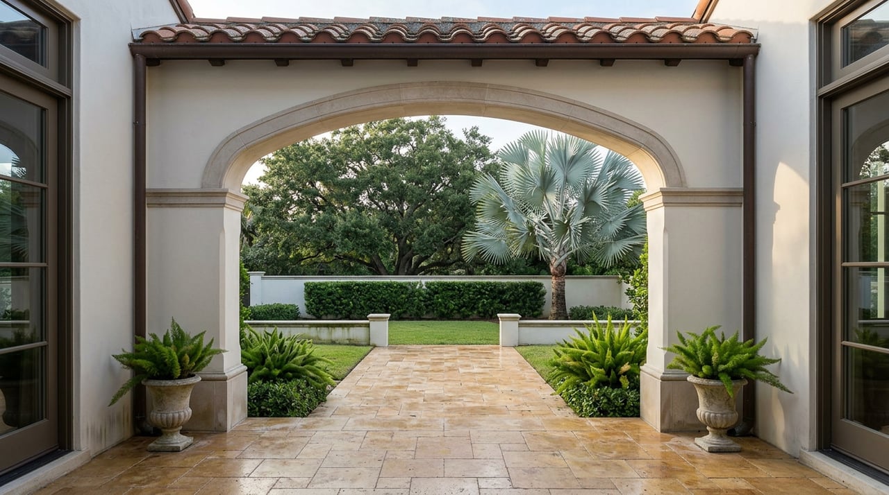 Stone archway frames a travertine loggia and garden with a silver-blue palm, clipped hedge, and oak canopy.
