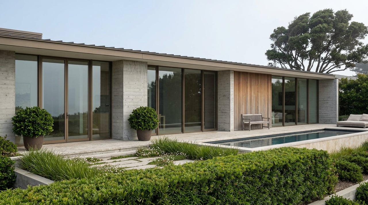 Contemporary coastal home with concrete and wood facade, clipped hedge, terraced garden, and reflecting pool.