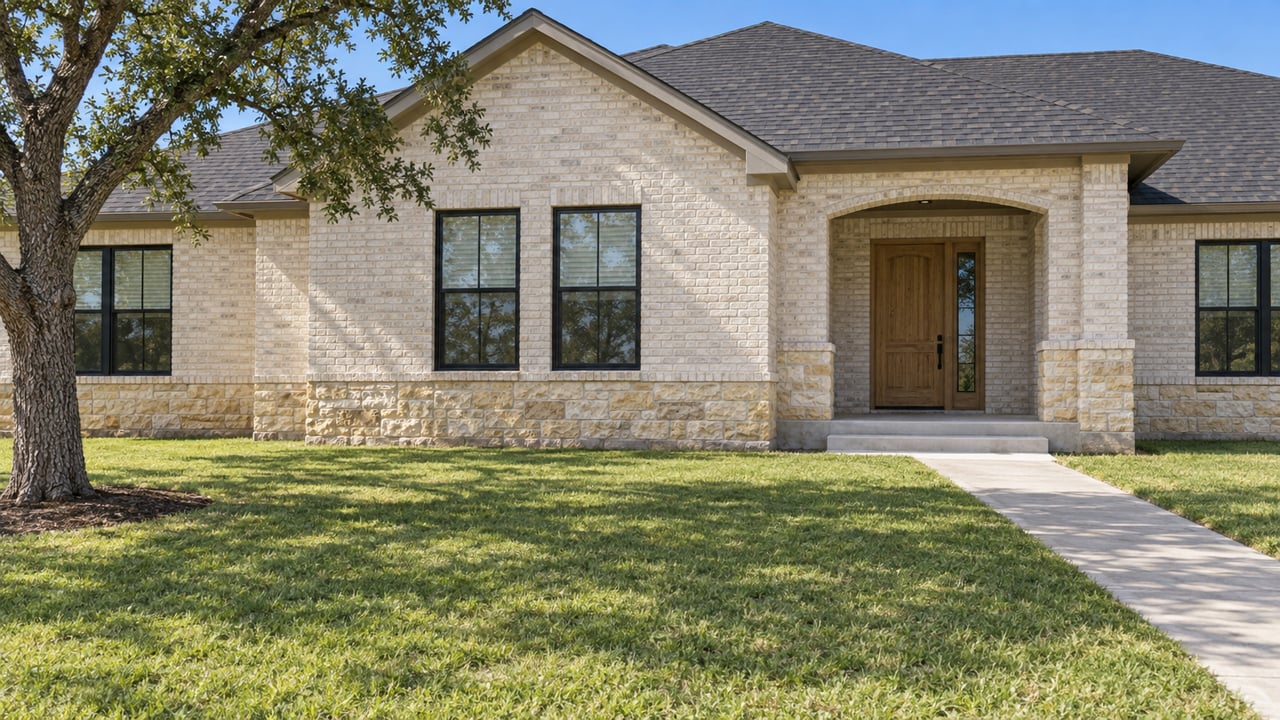 Cream-brick home with a limestone base, recessed arched porch and broad lawn shaded by a mature post oak.