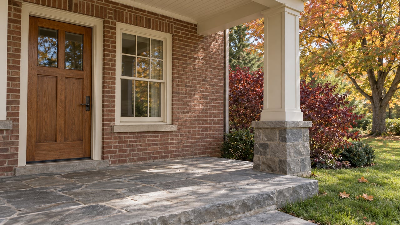 Brick-and-stone home entry with an oak-and-glass door, covered stone porch, and amber and burgundy autumn trees beside the lawn.
