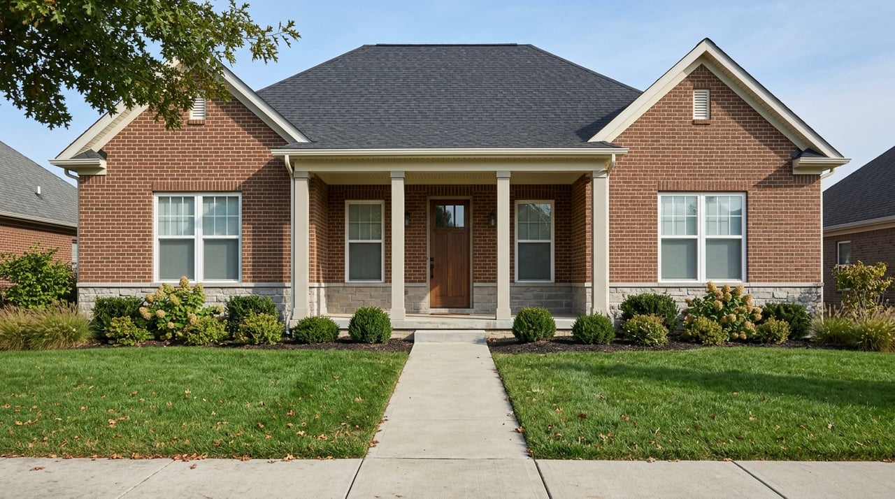 Centered walkway leading to a covered porch on a brick-and-limestone home, with symmetrical windows and manicured landscaping.