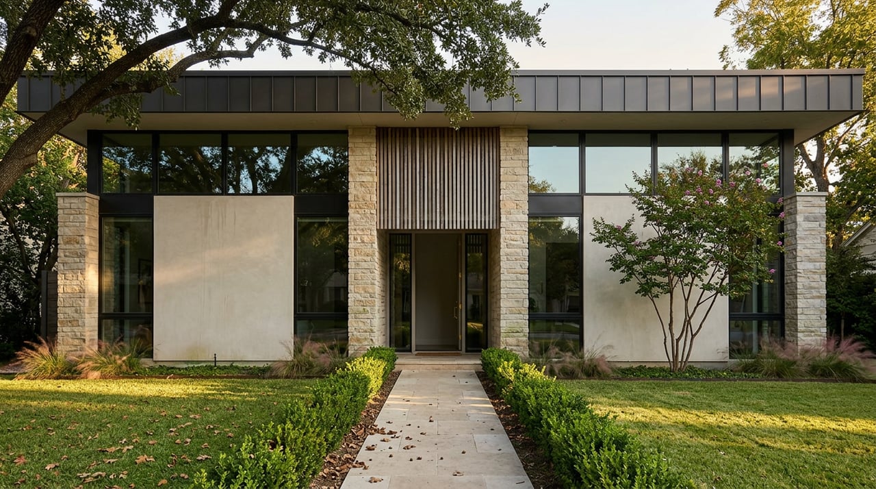 Modern stucco-and-stone house behind a lawn and limestone walkway, shaded by a spreading live oak.