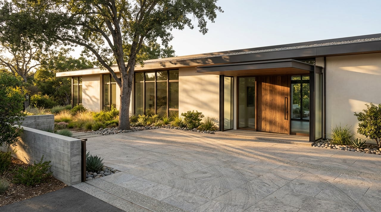 Ivory estate facade with bronze-framed glazing, walnut door, and limestone motor court beneath magnolia canopy.