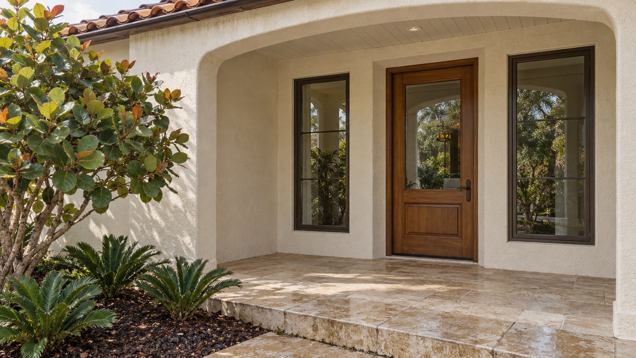 Ivory stucco entry porch with a cypress door, bronze-framed windows, limestone paving and sculptural sea grape planting.