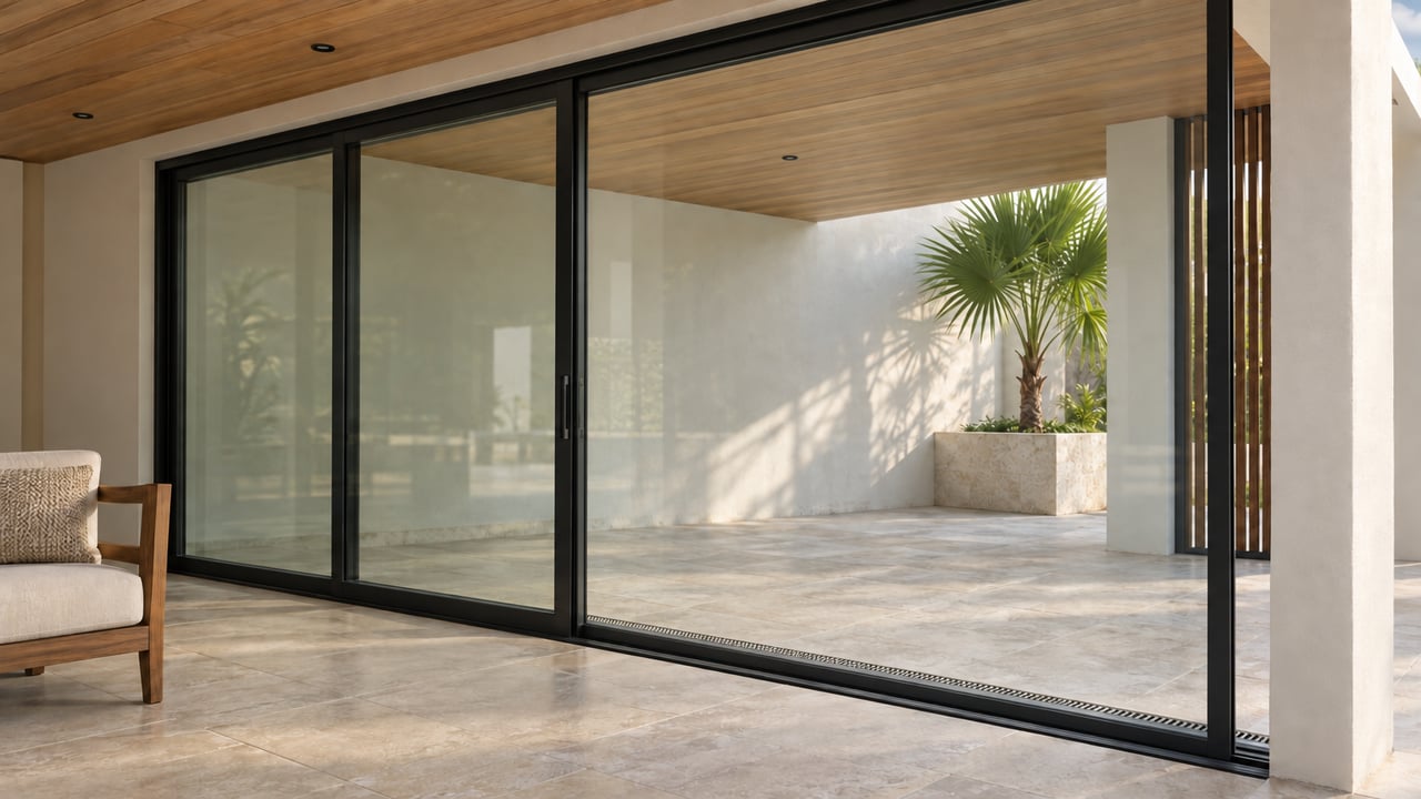 Black metal sliding-door panel beside a timber ceiling, pale tiled floor, and terrace with a palm planter.