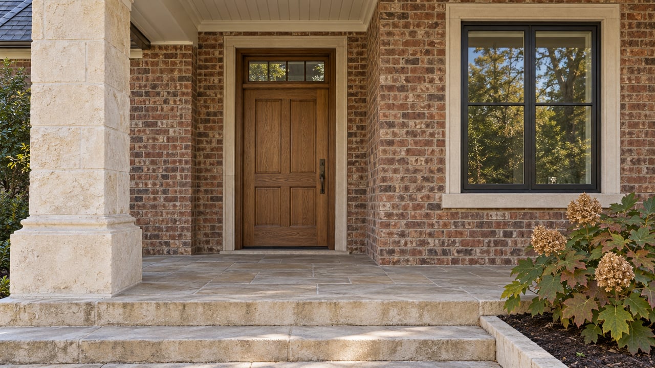 Covered home entry with red-brown brick, pale limestone steps and column, an oak door and an oakleaf hydrangea.