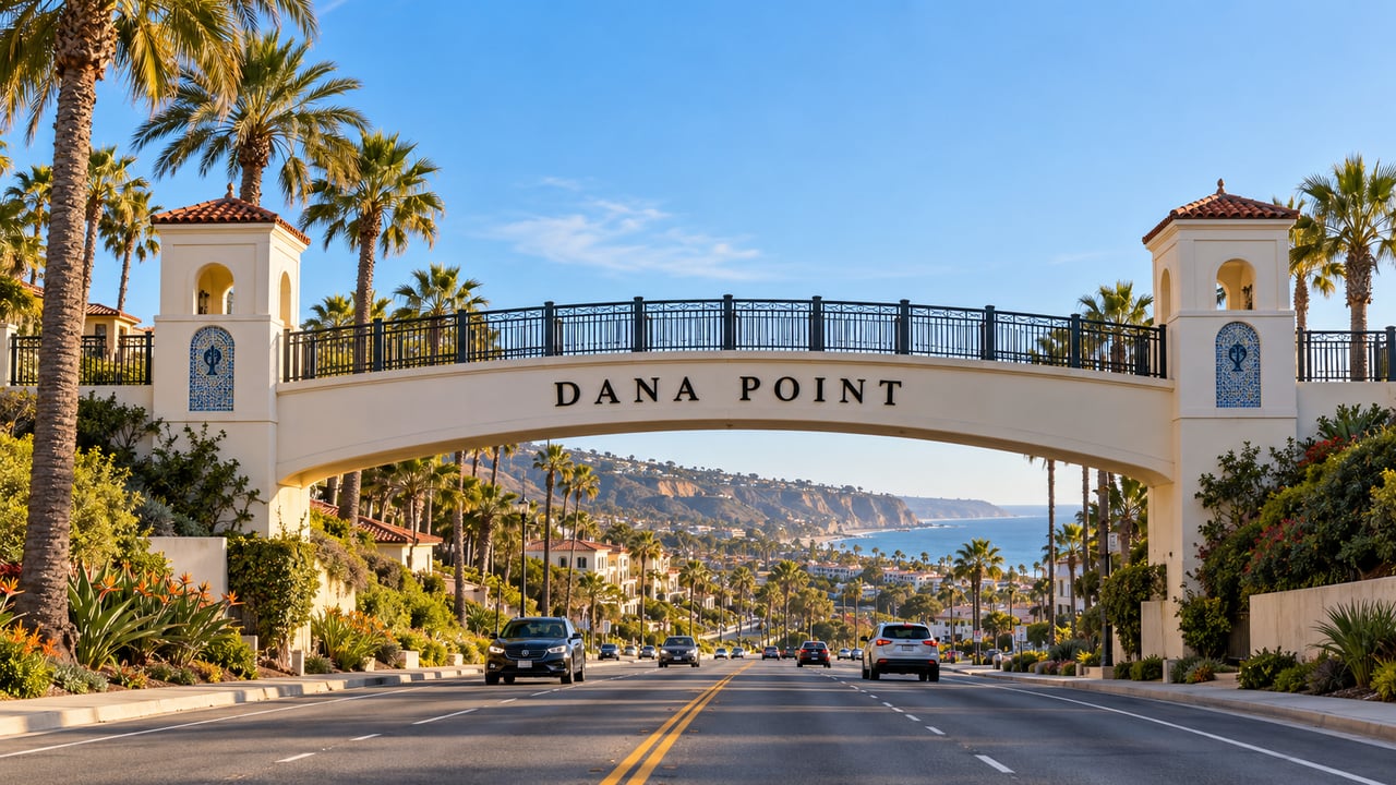 Dana Point gateway over a palm-lined road, with the ocean visible in the distance.