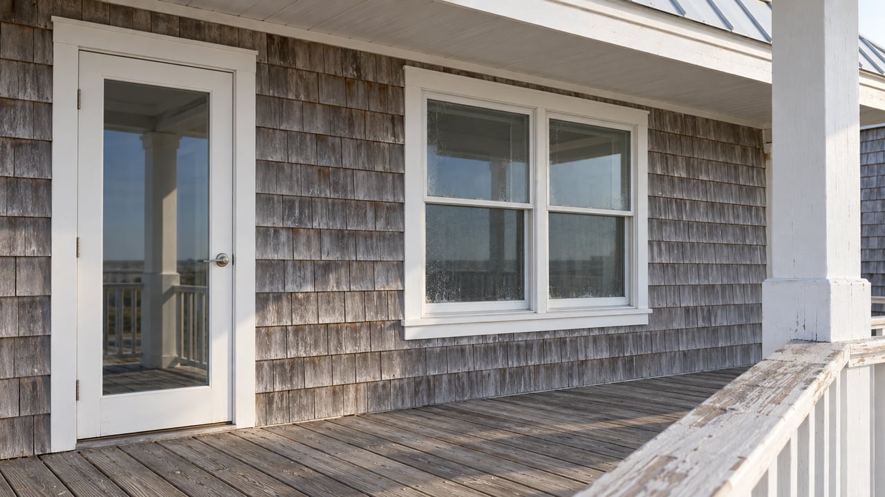 Weathered gray cedar shingles, a white-framed window and glazed door beside a sunlit timber porch railing and salt-worn decking.