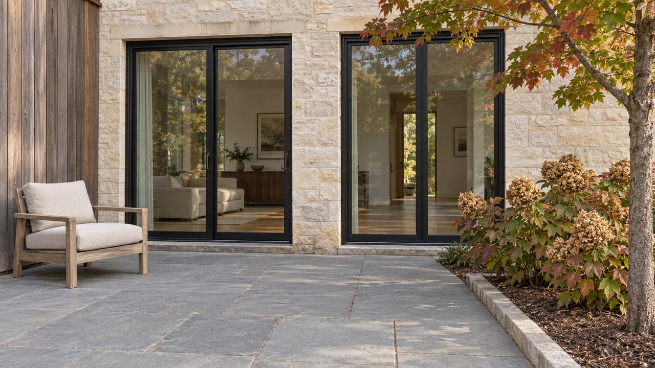 Bluestone patio and a weathered teak lounge chair beside closed glass doors, limestone walls and autumn oakleaf hydrangeas.