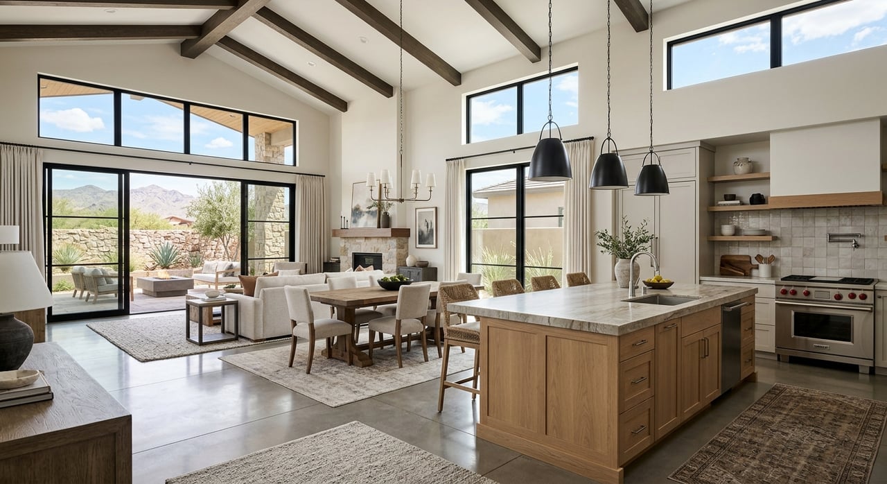 Open-plan kitchen with oak island, dining table, living room seating, and sliding glass doors.