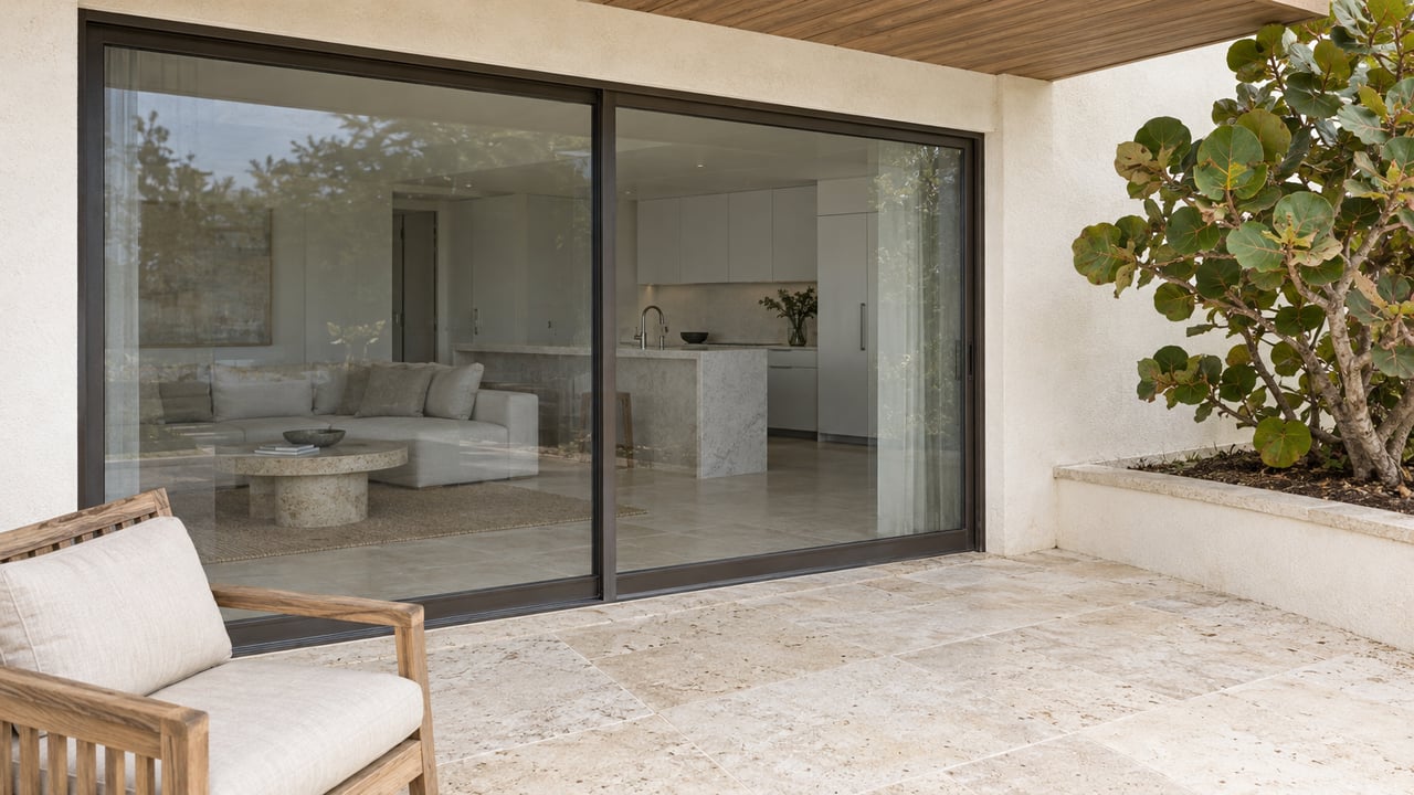 A coastal home's glass doors open visually onto a limestone terrace with a weathered teak chair and a sea grape specimen in a raised bed.