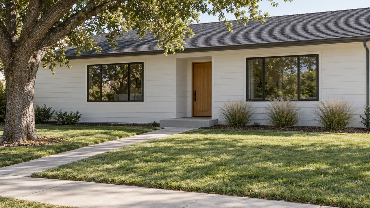 Renovated ranch house with off-white siding, oak door, two dark-framed windows, and a lawn beneath a spreading tree.